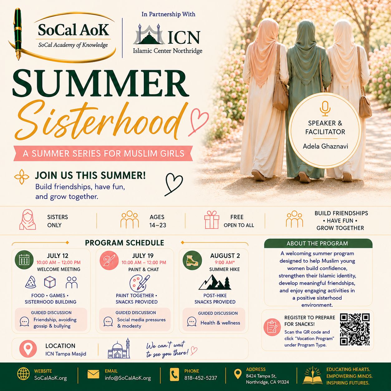 A summer series for muslim girls to build friendships strengthen their faith and grow together.